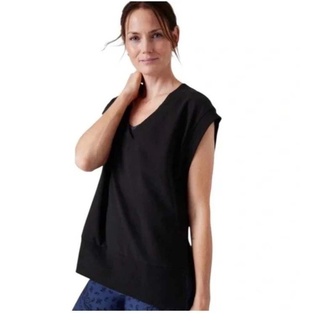 Athleta Retroterry V-neck Sweatshirt Top Womens‎ Small Black Sleeveless Pullover